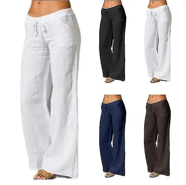 Algodón mujer Lino Pierna Ancha Pantalones Sólido Casual Elástico Cintura Larga Pantalones Largos