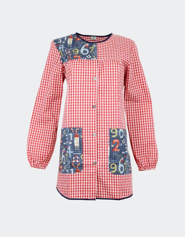 Bata mujer manga larga, largo 3/4 cuadros rojos combinado con estampado de números