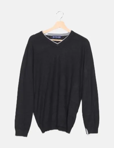Best Italian Brand Suéter tricot negro escote pico