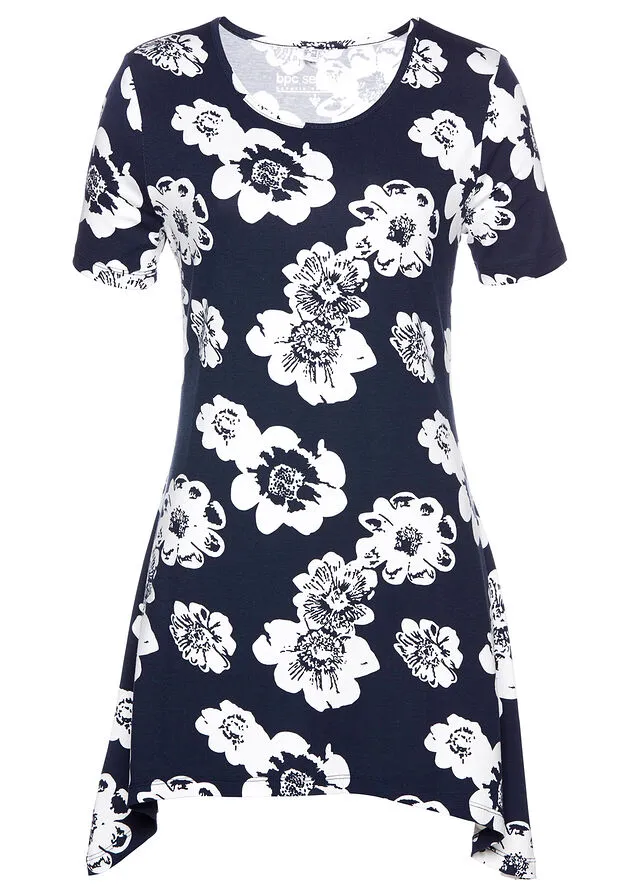 Camiseta larga con borde irregular azul marino / blanco con flores