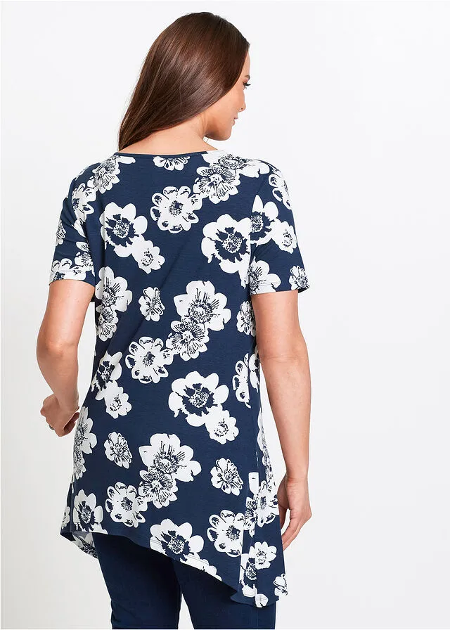 Camiseta larga con borde irregular azul marino / blanco con flores