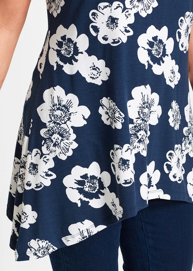 Camiseta larga con borde irregular azul marino / blanco con flores