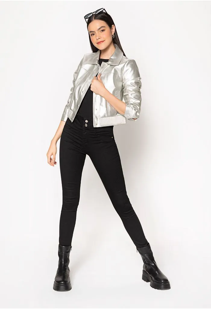 Chaqueta pu con frunces con elastico en