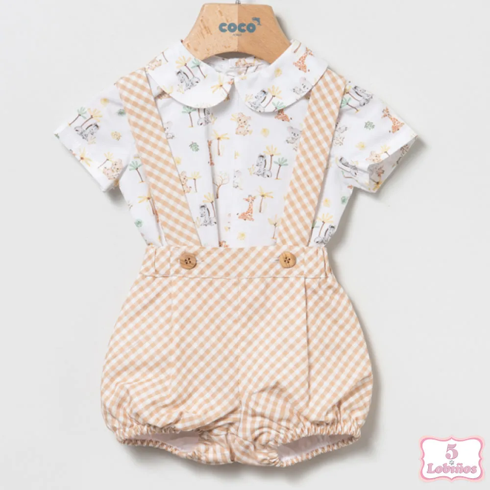 CONJUNTO BEBÉ NIÑO PETO ANIMALES TOSTADO Coco Acqua