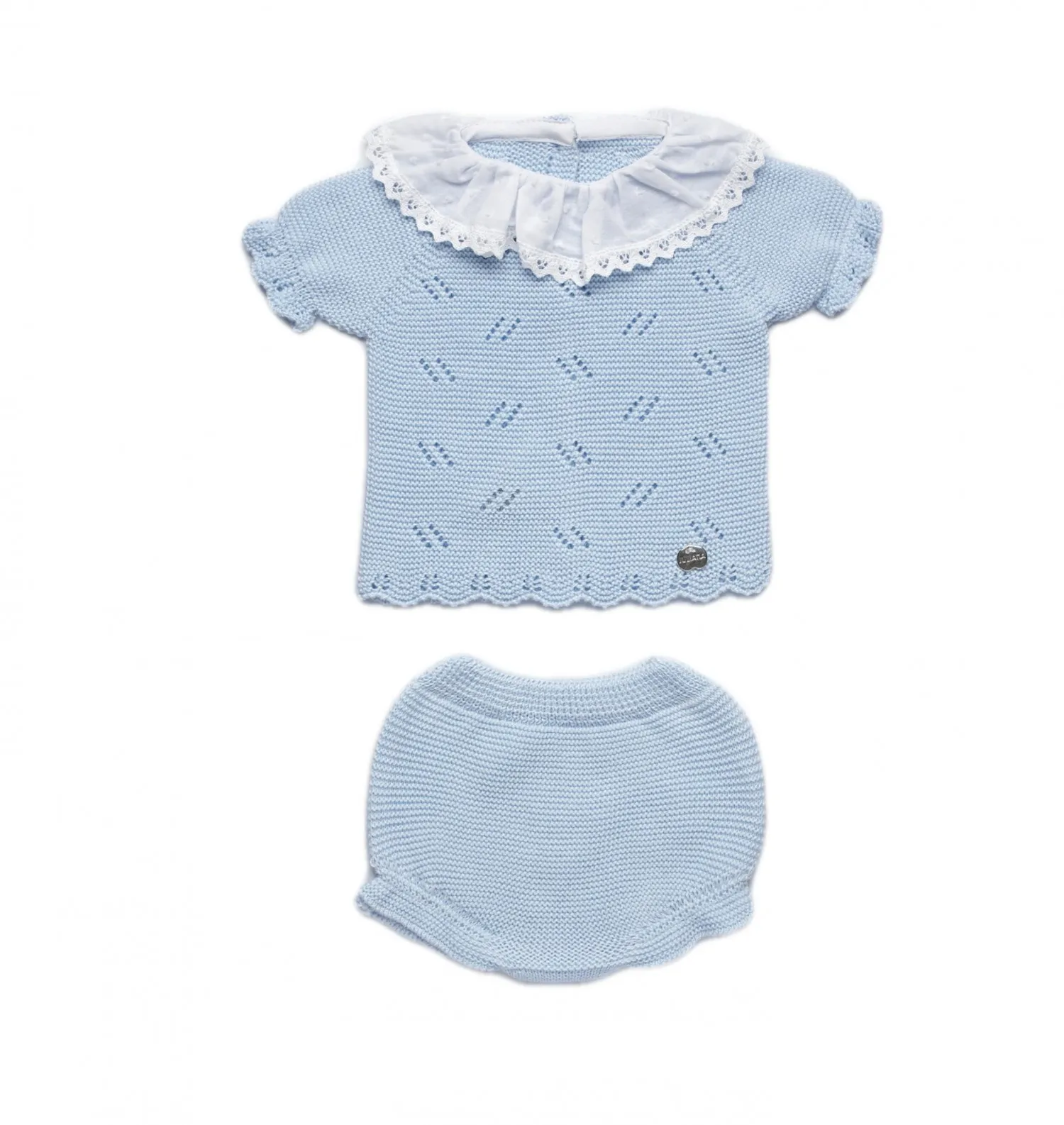 Conjunto suéter y braguita en punto fino celeste y blanco