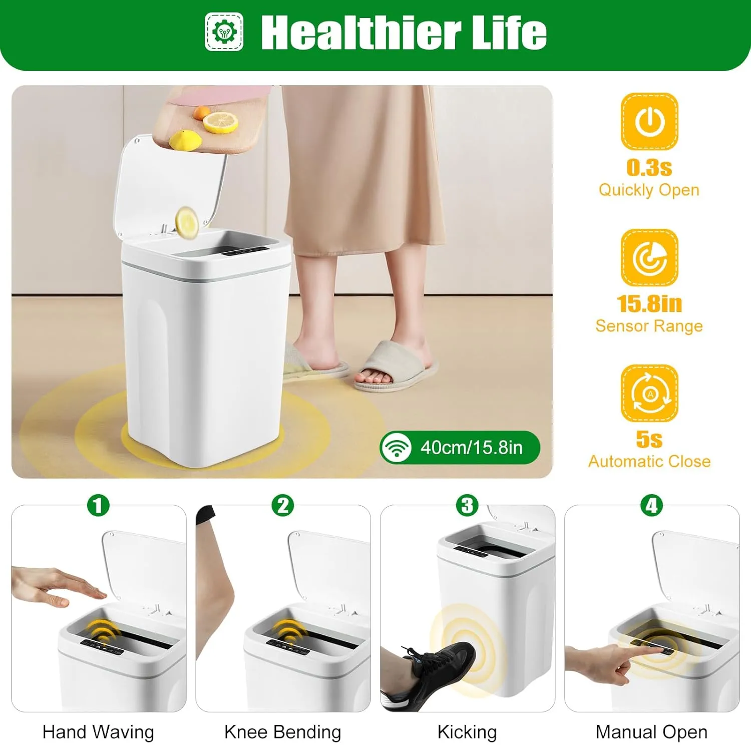 Cubo de basura automático de 16 L  con sensor inteligente  cubo de basura para cocina  sin contacto  para baño/oficina  plástico