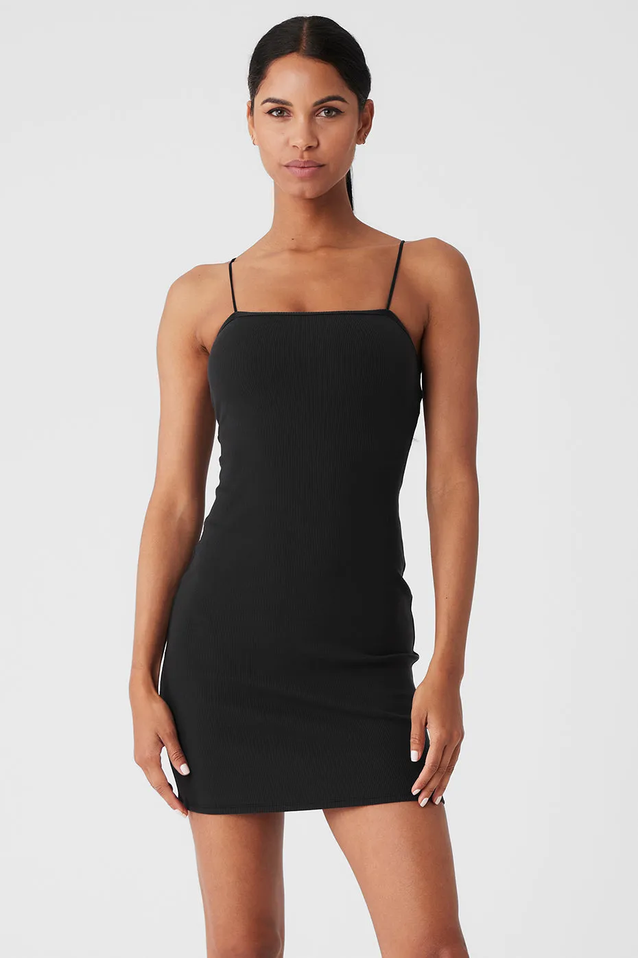 GODDESS RIBBED SPAGHETTI STRAP DRESS  BLACK