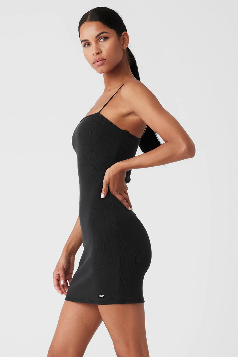 GODDESS RIBBED SPAGHETTI STRAP DRESS  BLACK