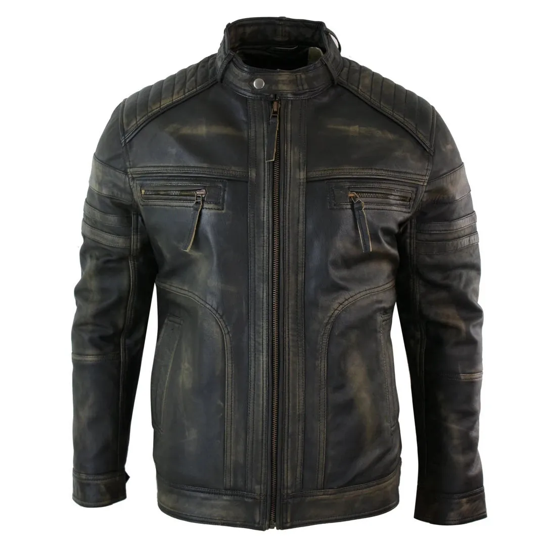 Infinity B73 Chaqueta de cuero con cremallera para caballero Negro Marrón Vintage estilo Biker