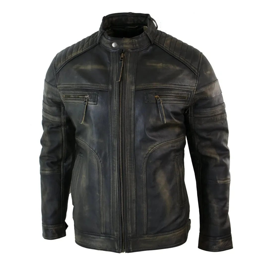 Infinity B73 Chaqueta de cuero con cremallera para caballero Negro Marrón Vintage estilo Biker