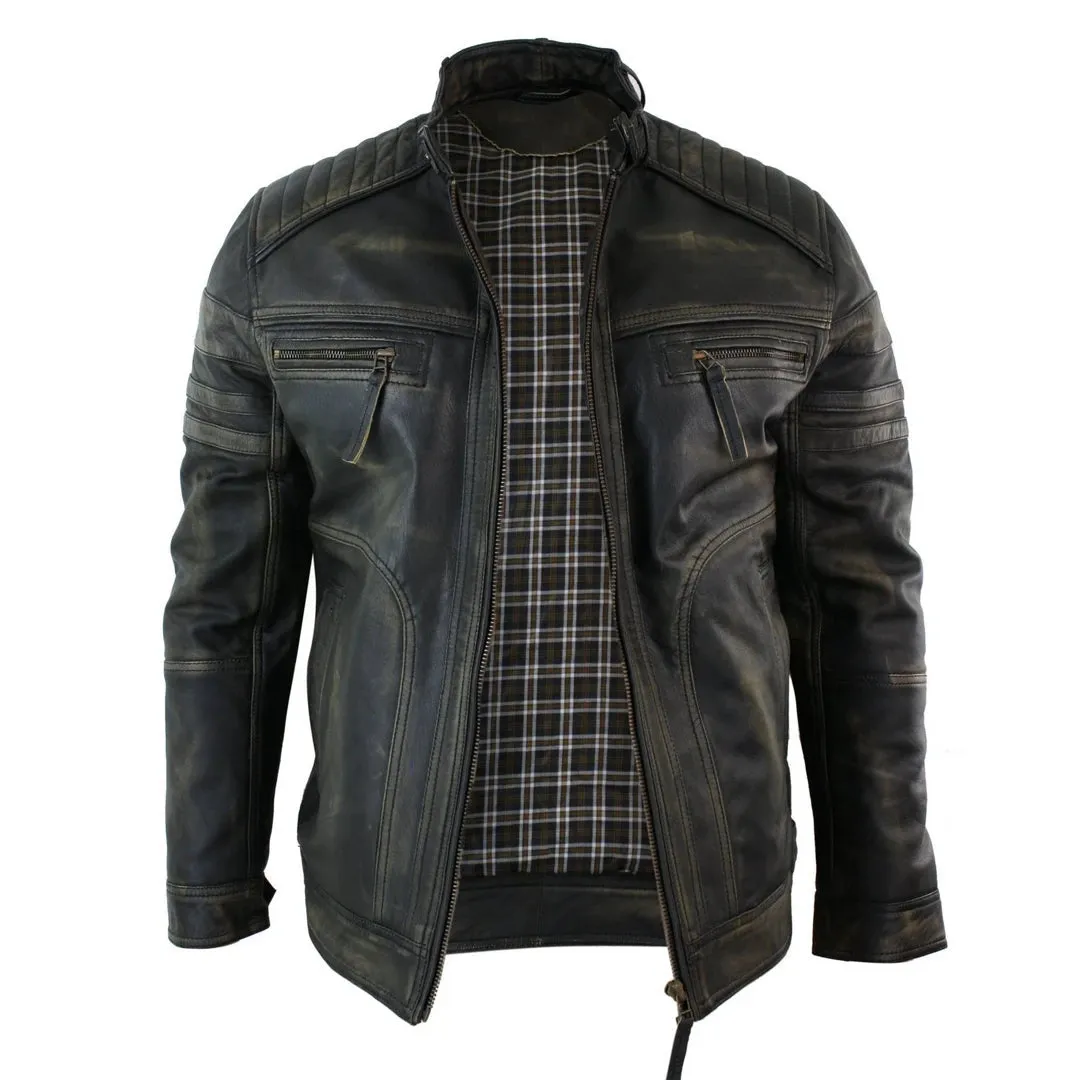 Infinity B73 Chaqueta de cuero con cremallera para caballero Negro Marrón Vintage estilo Biker