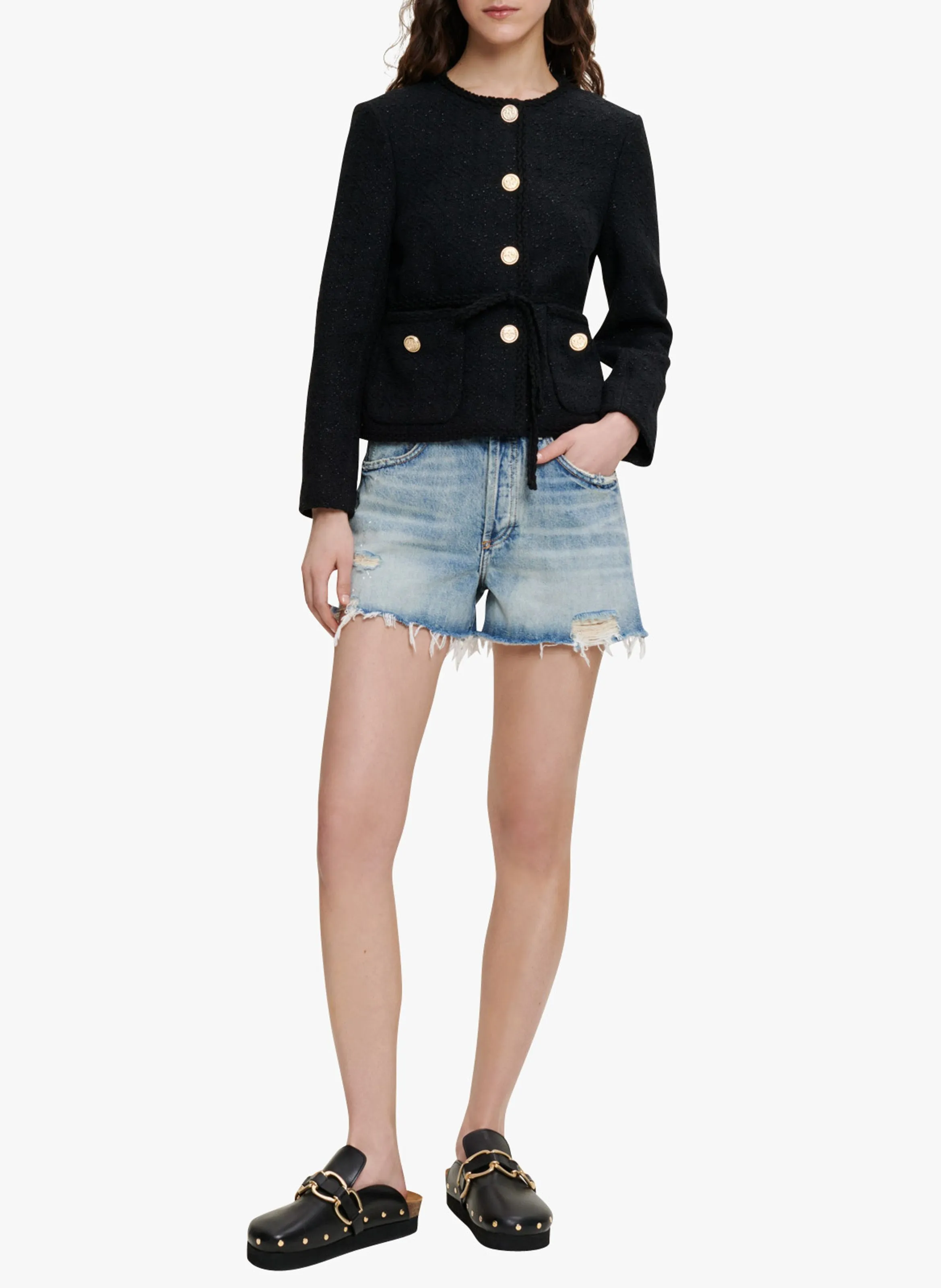 MAJE Chaqueta recta de tweed en negro