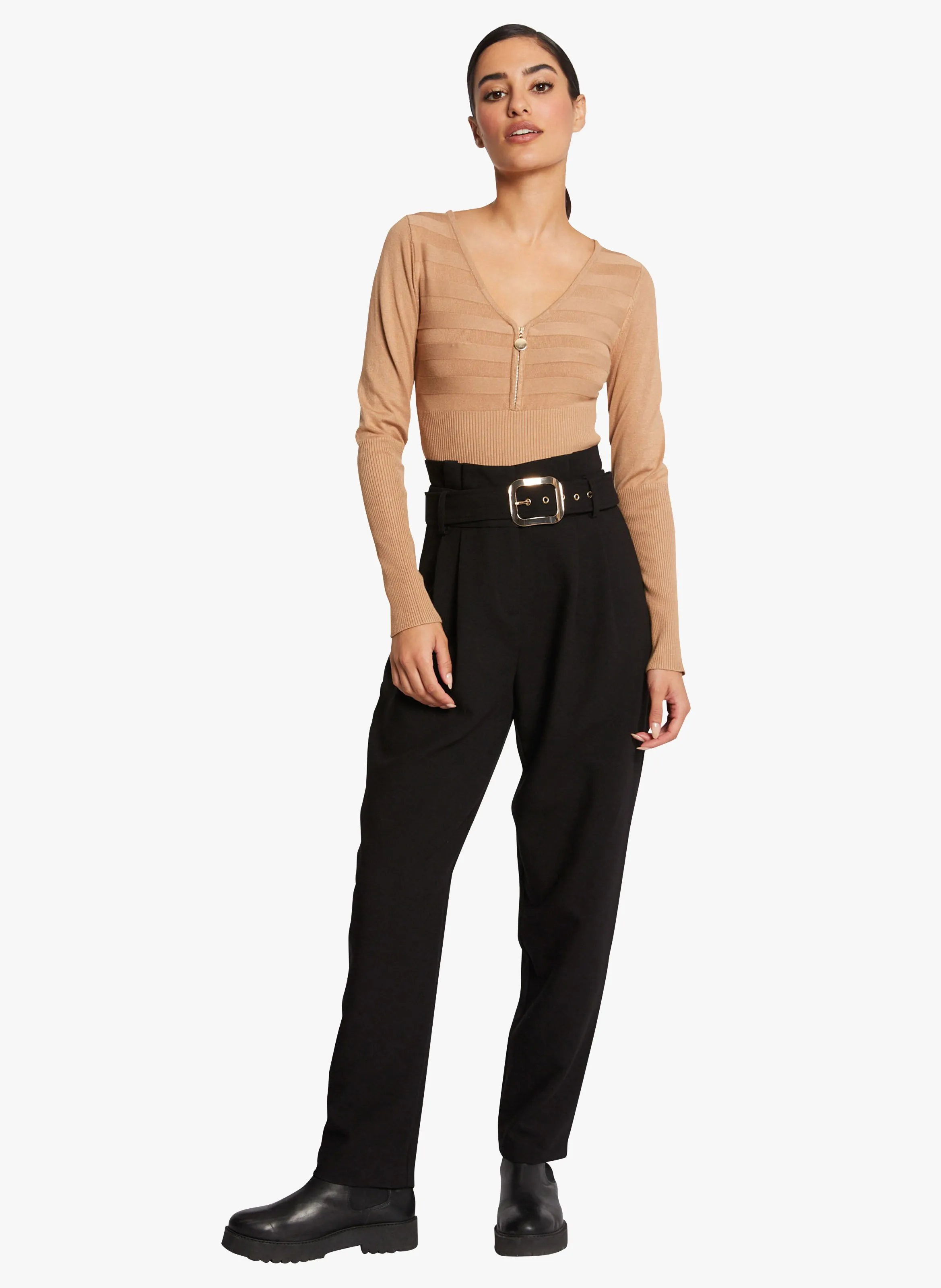 MENZA  JERSEY CON CUELLO DE PICO Y CREMALLERA EN MARRON