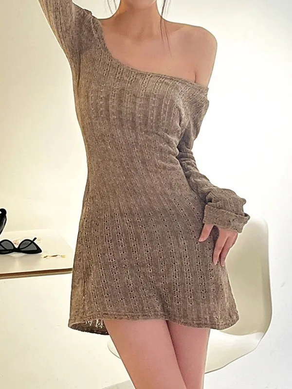 Mini vestido de suéter de manga larga marrón vintage