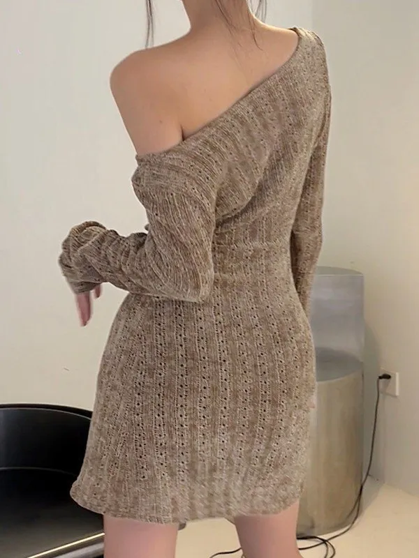 Mini vestido de suéter de manga larga marrón vintage