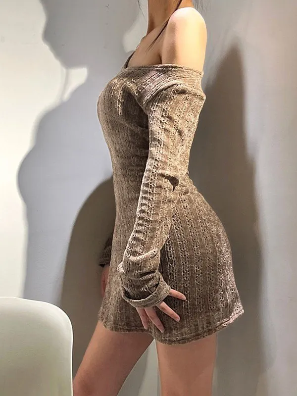 Mini vestido de suéter de manga larga marrón vintage