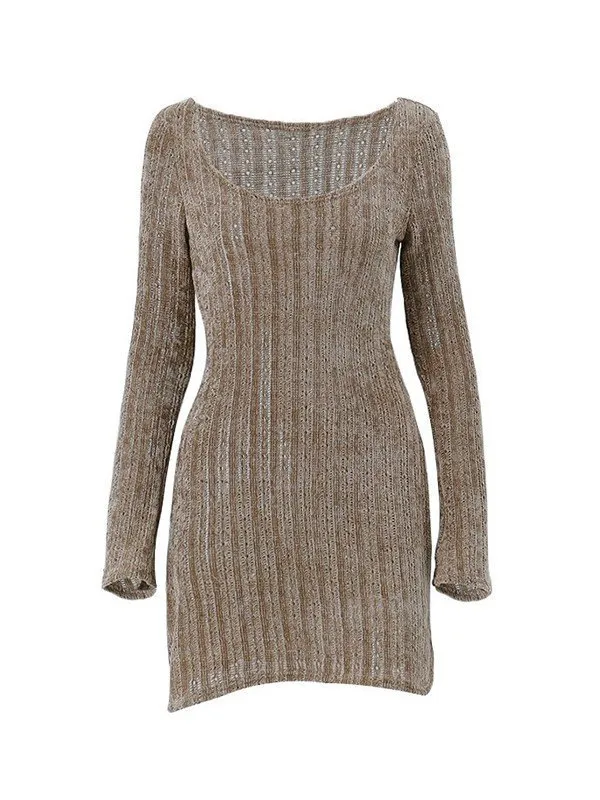 Mini vestido de suéter de manga larga marrón vintage