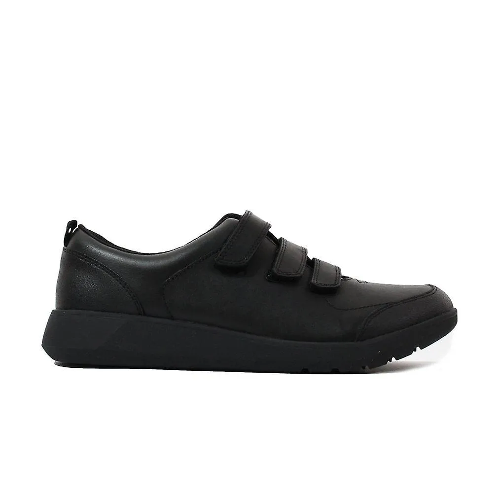 Niños Clarks Scape Sky Niños Cuero Negro Niños Rip Tape Zapatos Escolares