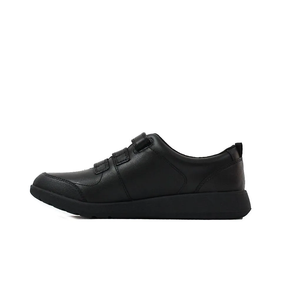Niños Clarks Scape Sky Niños Cuero Negro Niños Rip Tape Zapatos Escolares
