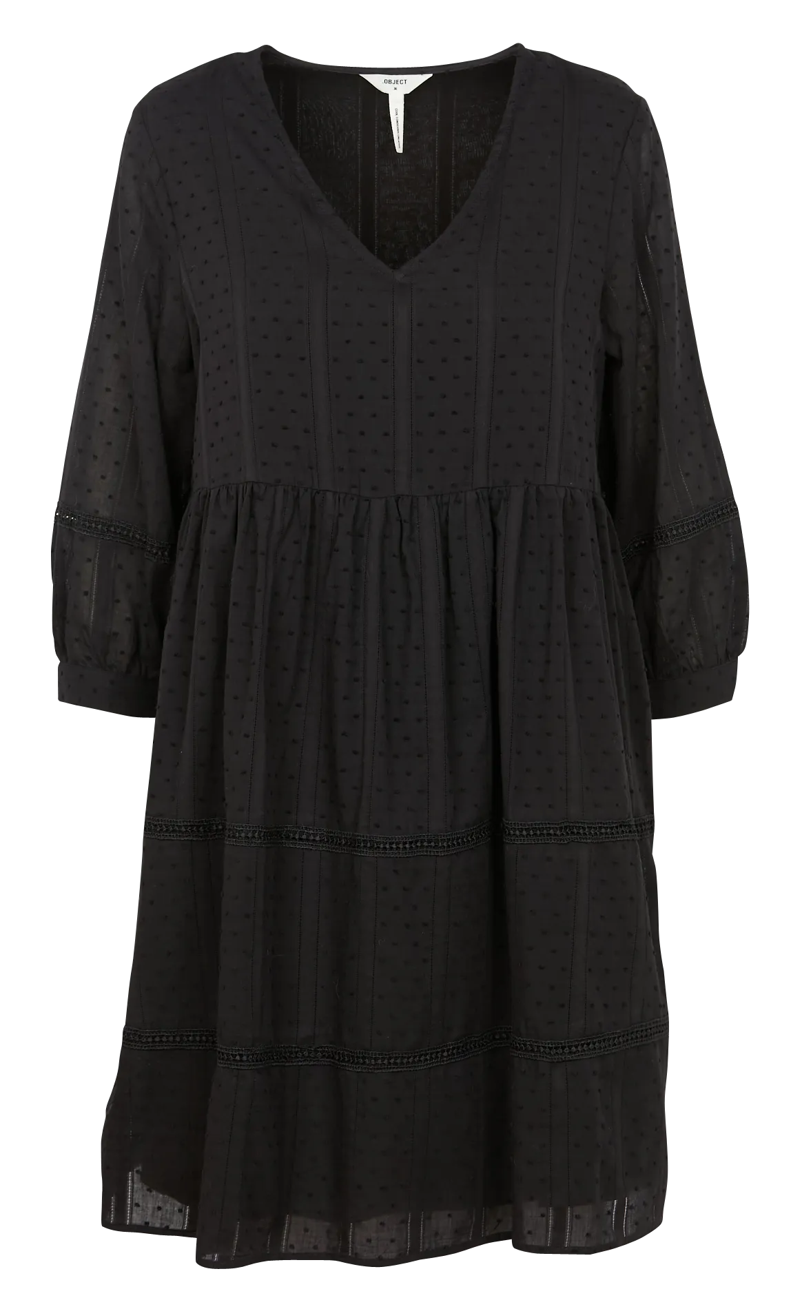 OBJGEILLIS 3/4 DRESS NOOS  VESTIDO CORTO DE ALGODóN BORDADO CON CUELLO DE PICO EN NEGRO