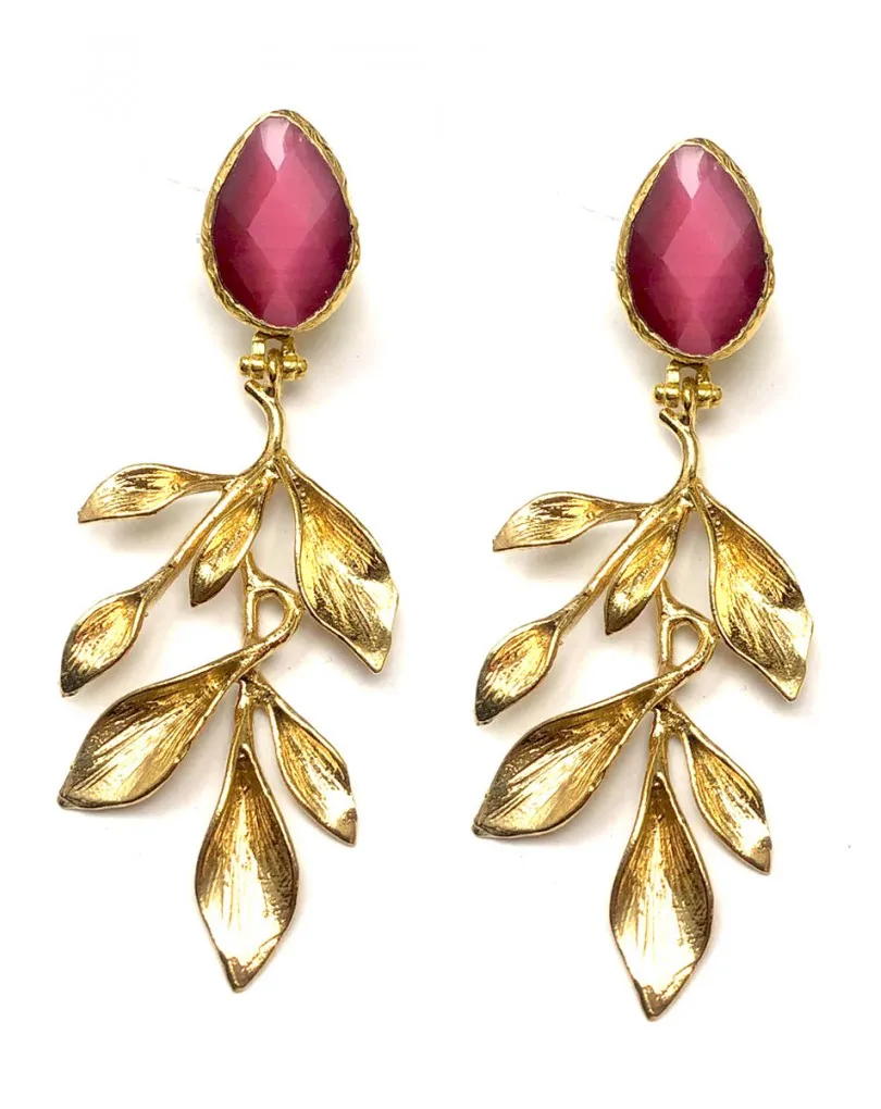 PENDIENTES DE MUJER LARGOS PIEDAR OVAL FUCSIA, COLECCION DE HOJAS