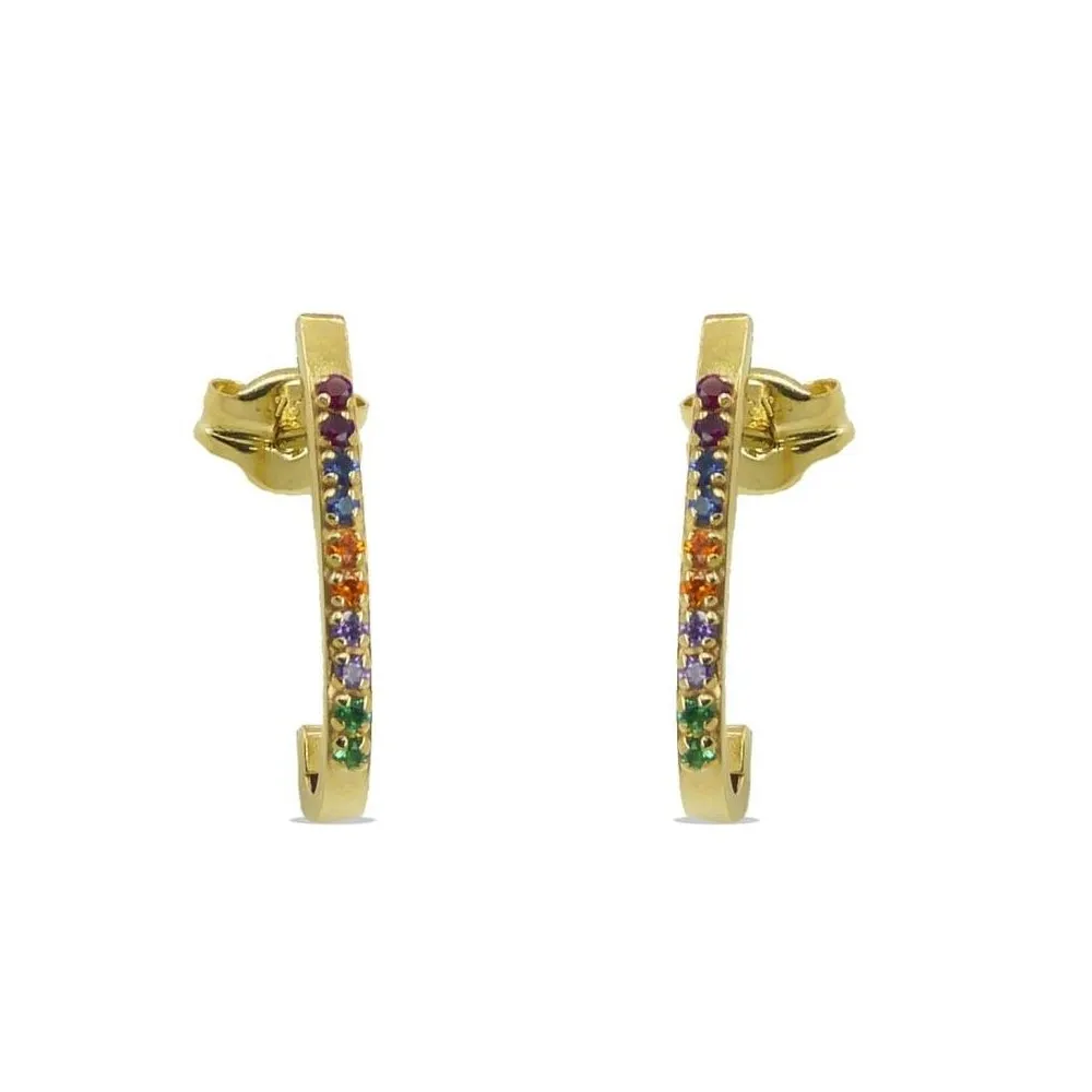 Pendientes de oro 18k medio aro con circonitas de color. Cierre de presión. Alto 15mm