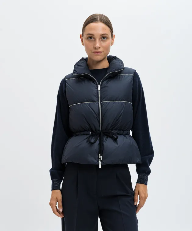Peserico Blue quilted down vest with monil chain