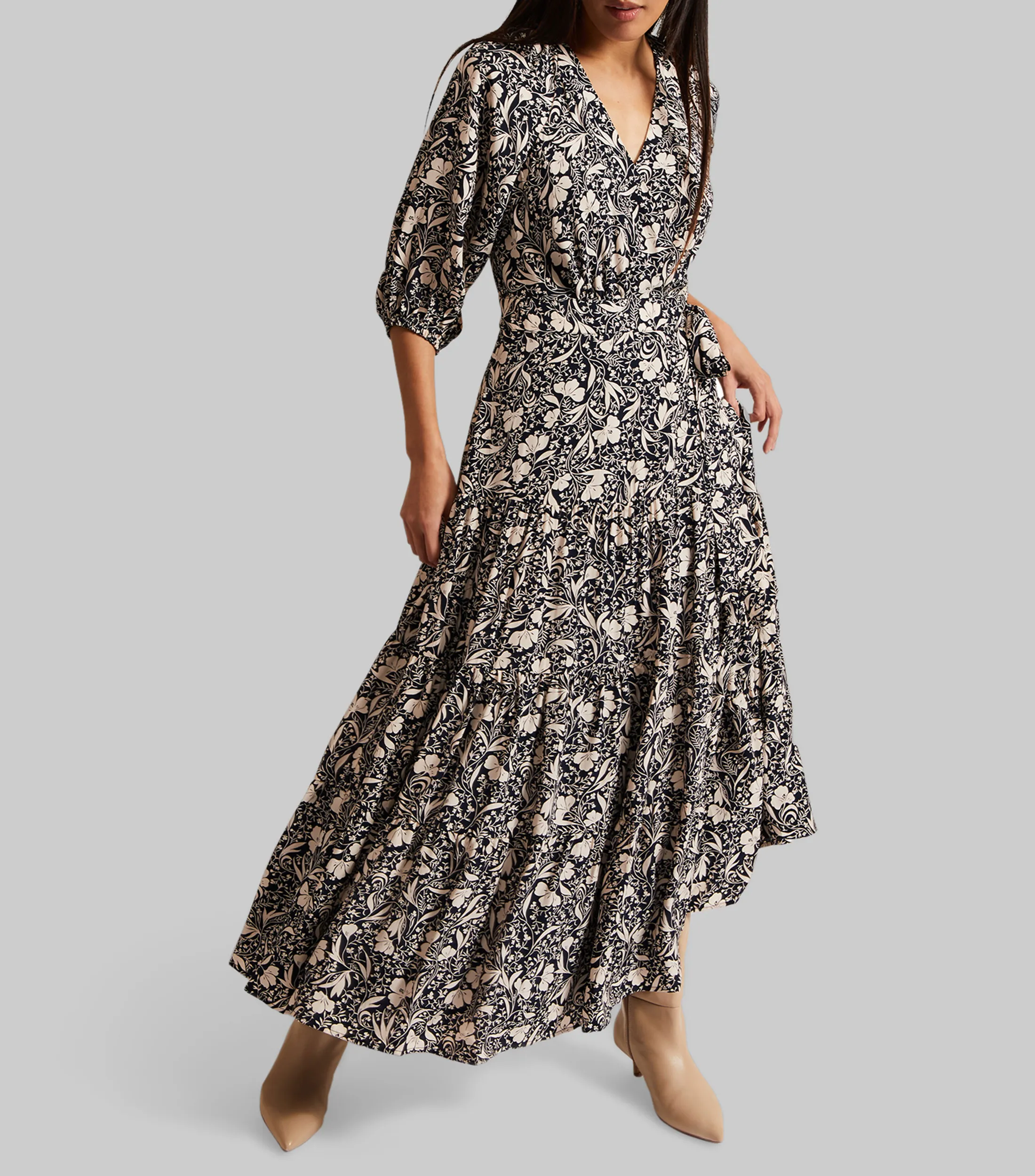 Phase Eight Vestido largo con flores de manga 3,4 Mujer