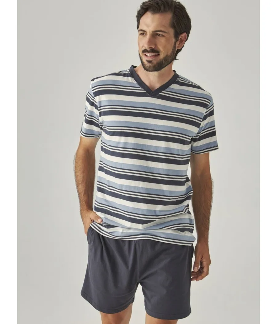 Pijama corto verano hombre J&J Brothers gris rayas bolsillos algodón