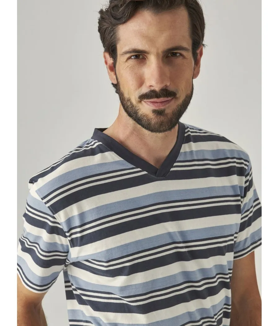 Pijama corto verano hombre J&J Brothers gris rayas bolsillos algodón