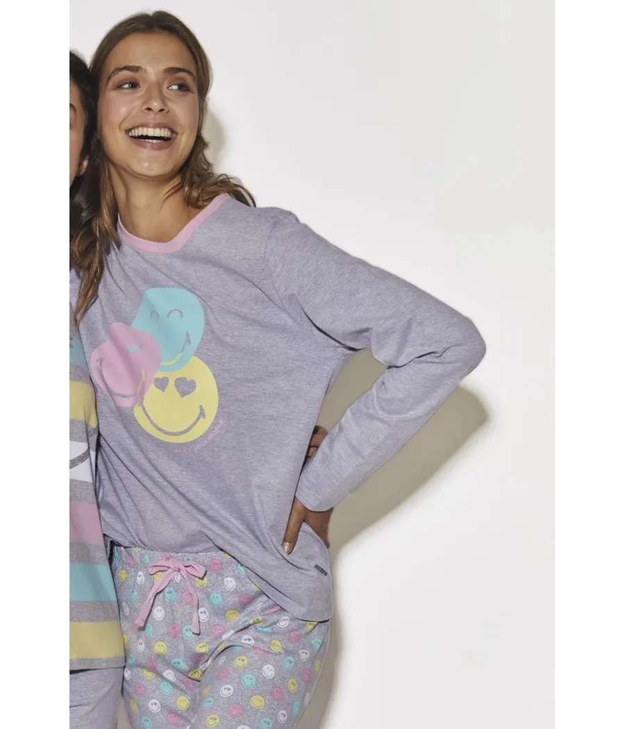 Pijama Pink mujer SMILEY invierno gris jaspe algodón