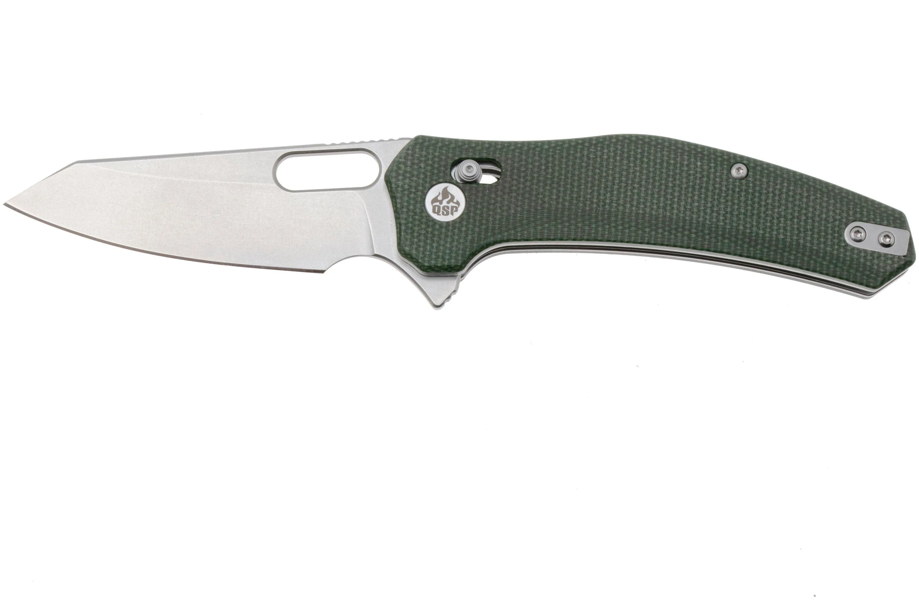 QSP KNIFE EMU 164B1, STONEWASHED 14C28N, GREEN MICARTA, NAVAJA