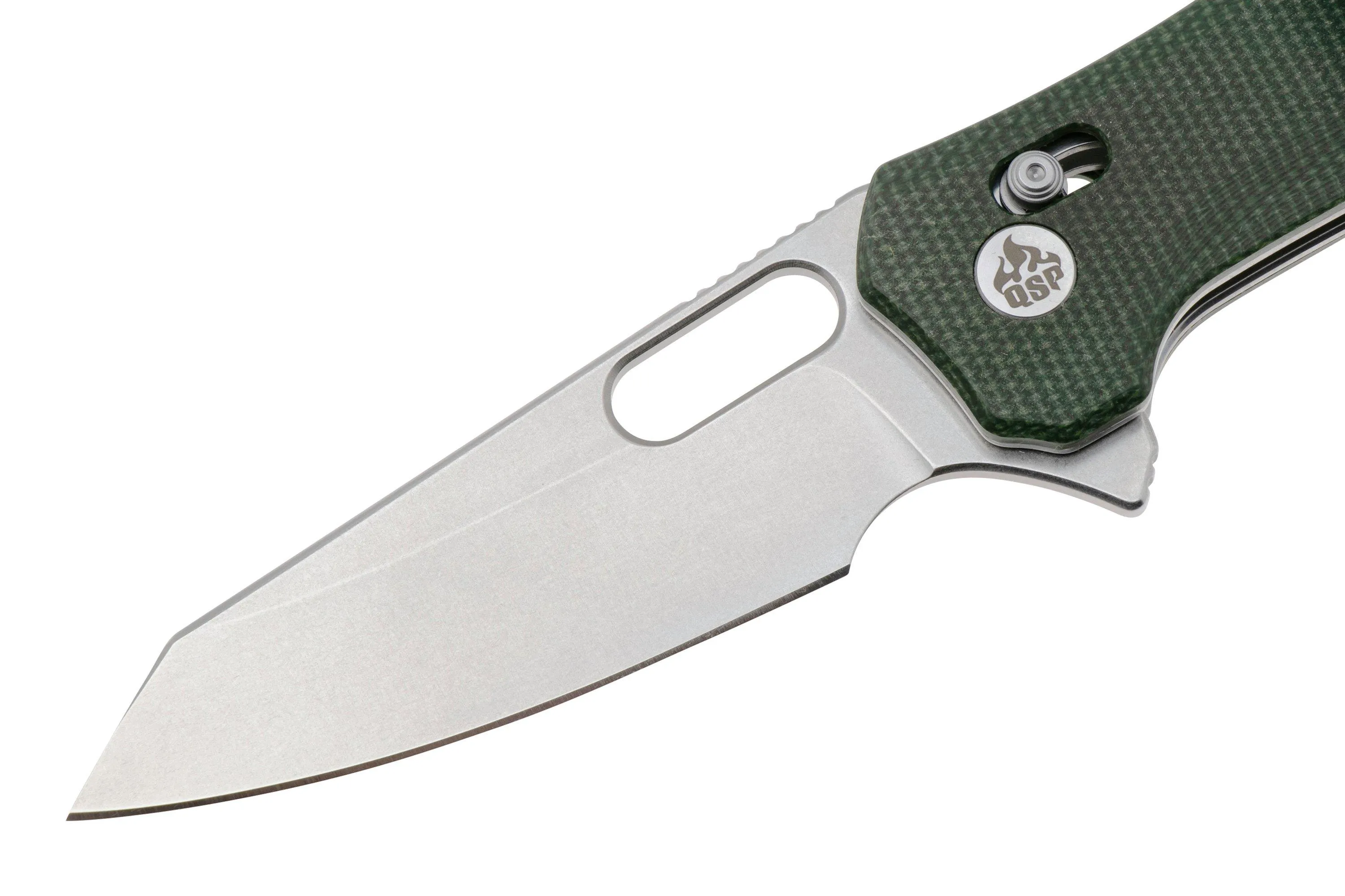 QSP KNIFE EMU 164B1, STONEWASHED 14C28N, GREEN MICARTA, NAVAJA
