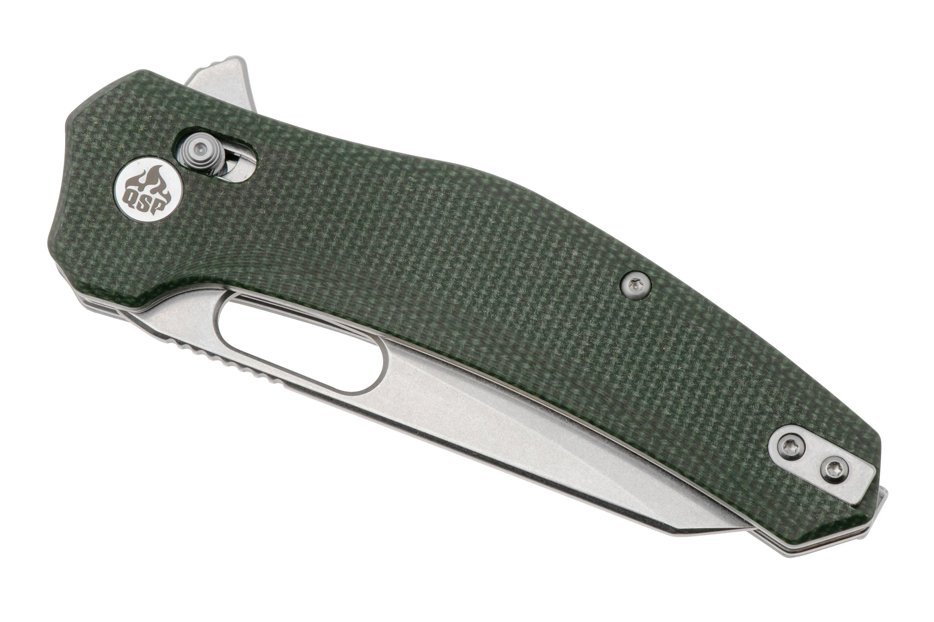QSP KNIFE EMU 164B1, STONEWASHED 14C28N, GREEN MICARTA, NAVAJA