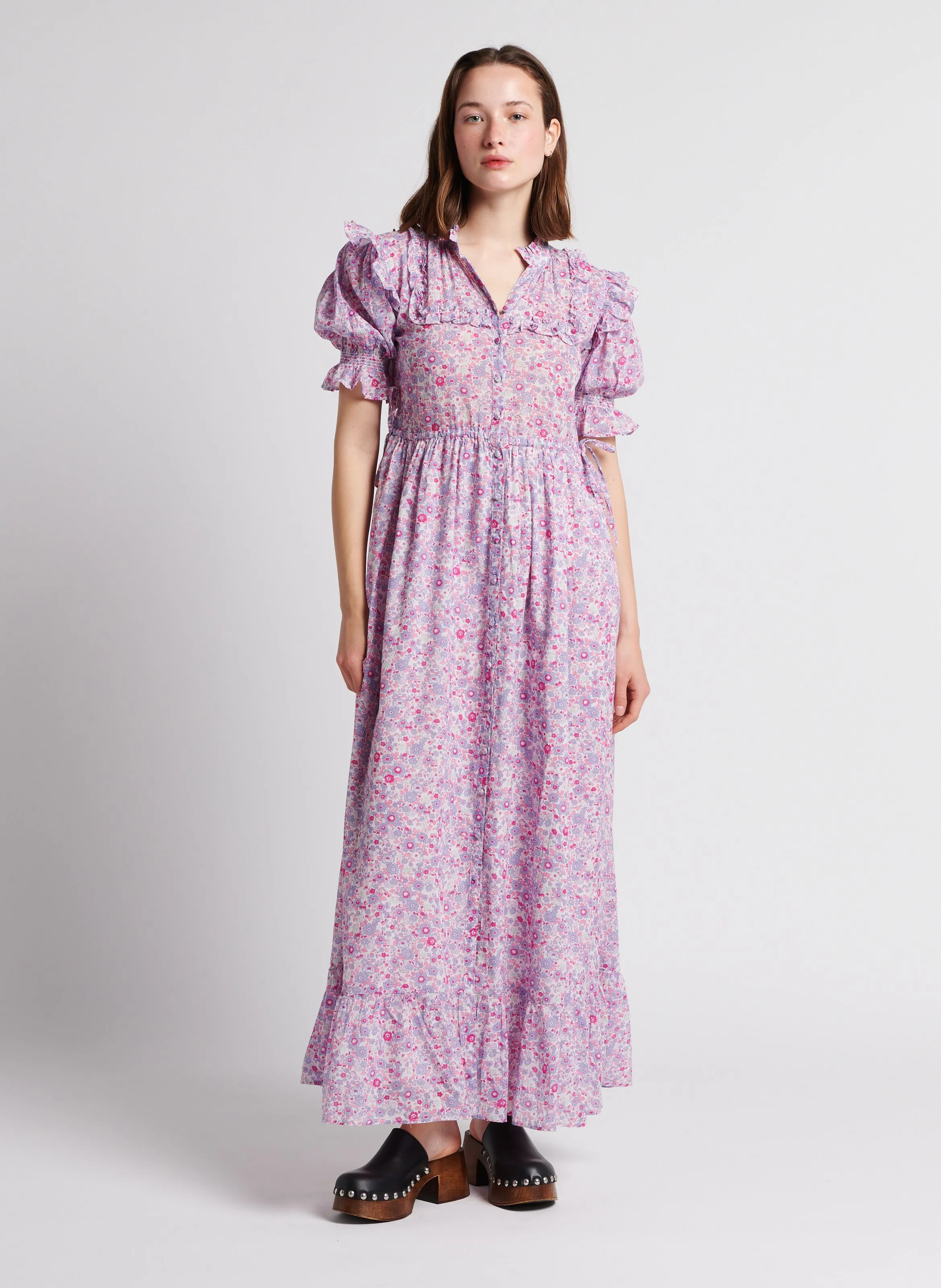 ROMUALDA  VESTIDO LARGO ESTAMPADO DE ALGODóN CON VOLANTES EN ROSA