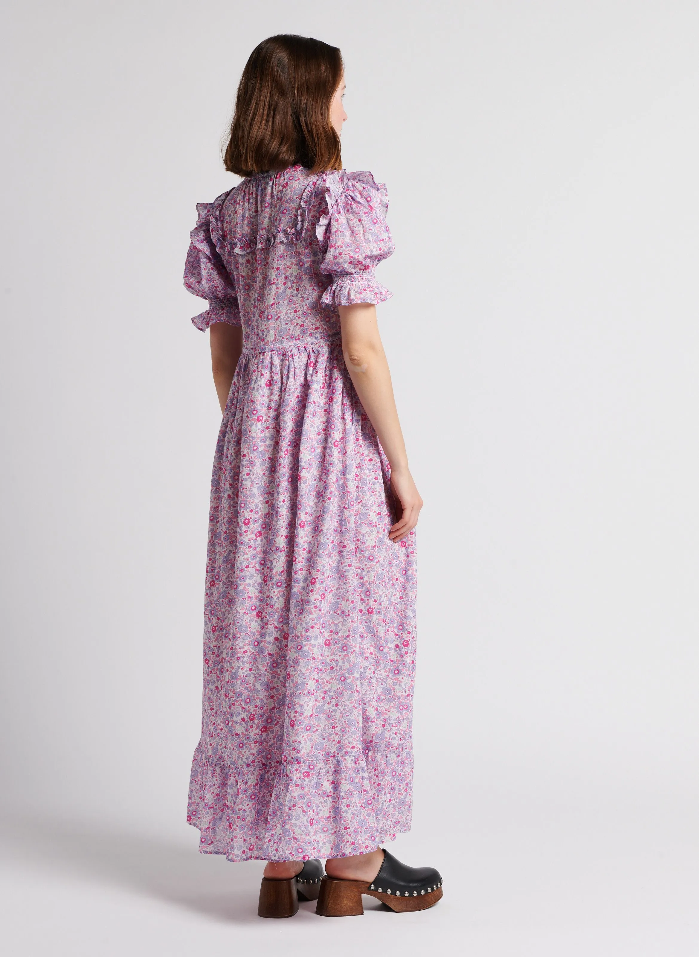 ROMUALDA  VESTIDO LARGO ESTAMPADO DE ALGODóN CON VOLANTES EN ROSA