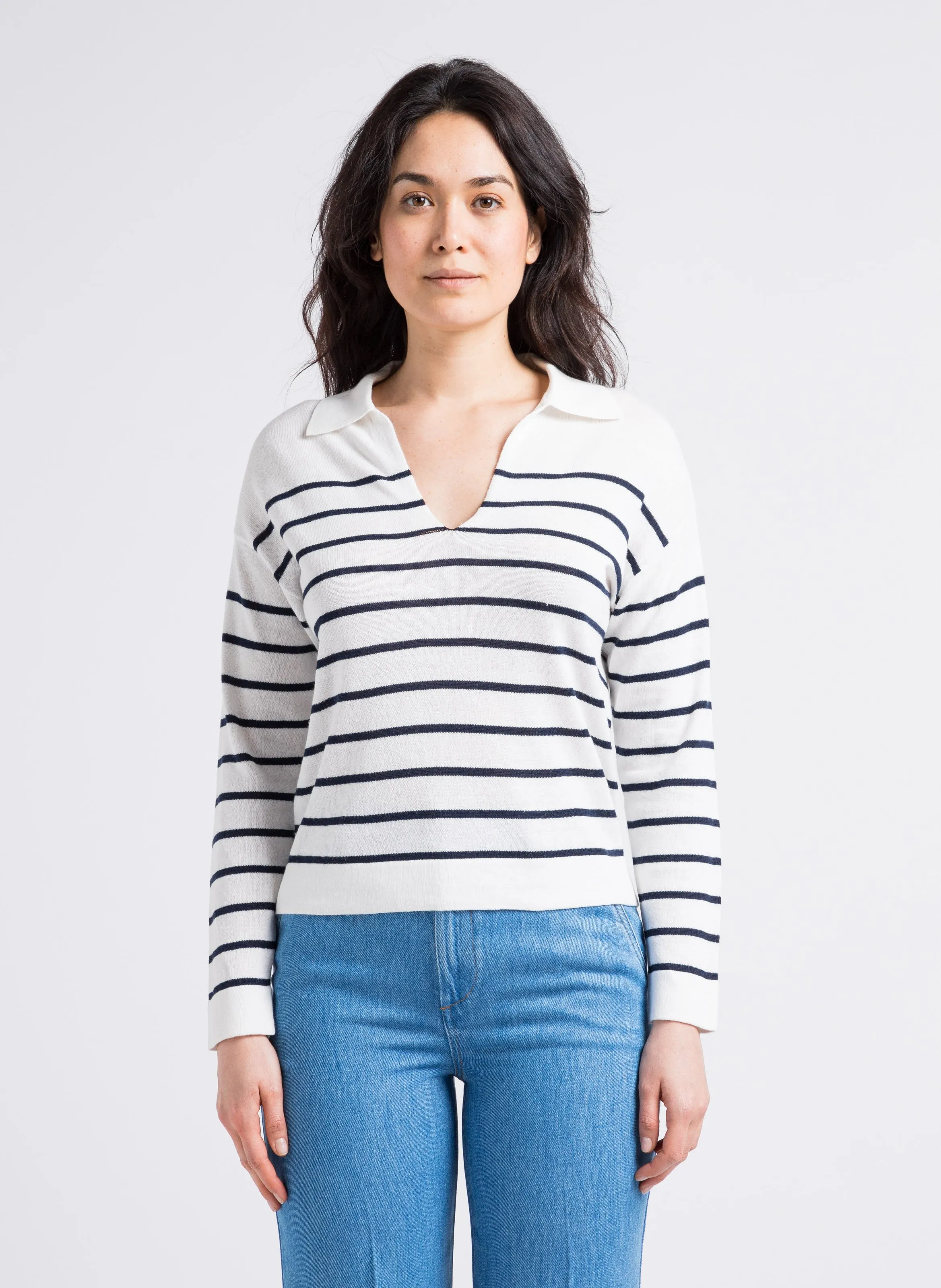 SUD EXPRESS MARTIN  JERSEY RECTO DE MEZCLA DE LINO Y ALGODóN CON CUELLO POLO EN BLANCO