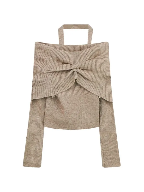 Suéter con hombros descubiertos y fruncido con cuello halter liso