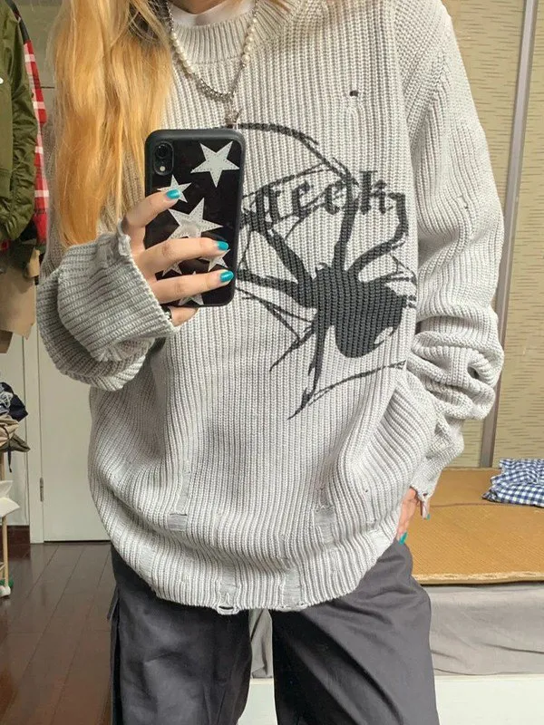 Suéter tipo jersey desgastado con jacquard animal punk
