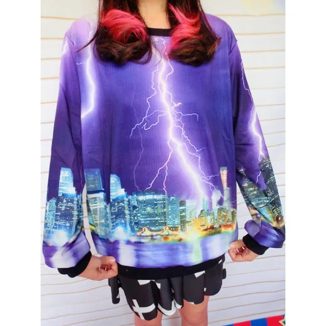 Unique Purple Lightning Printed Gradient Sleeve Sweater