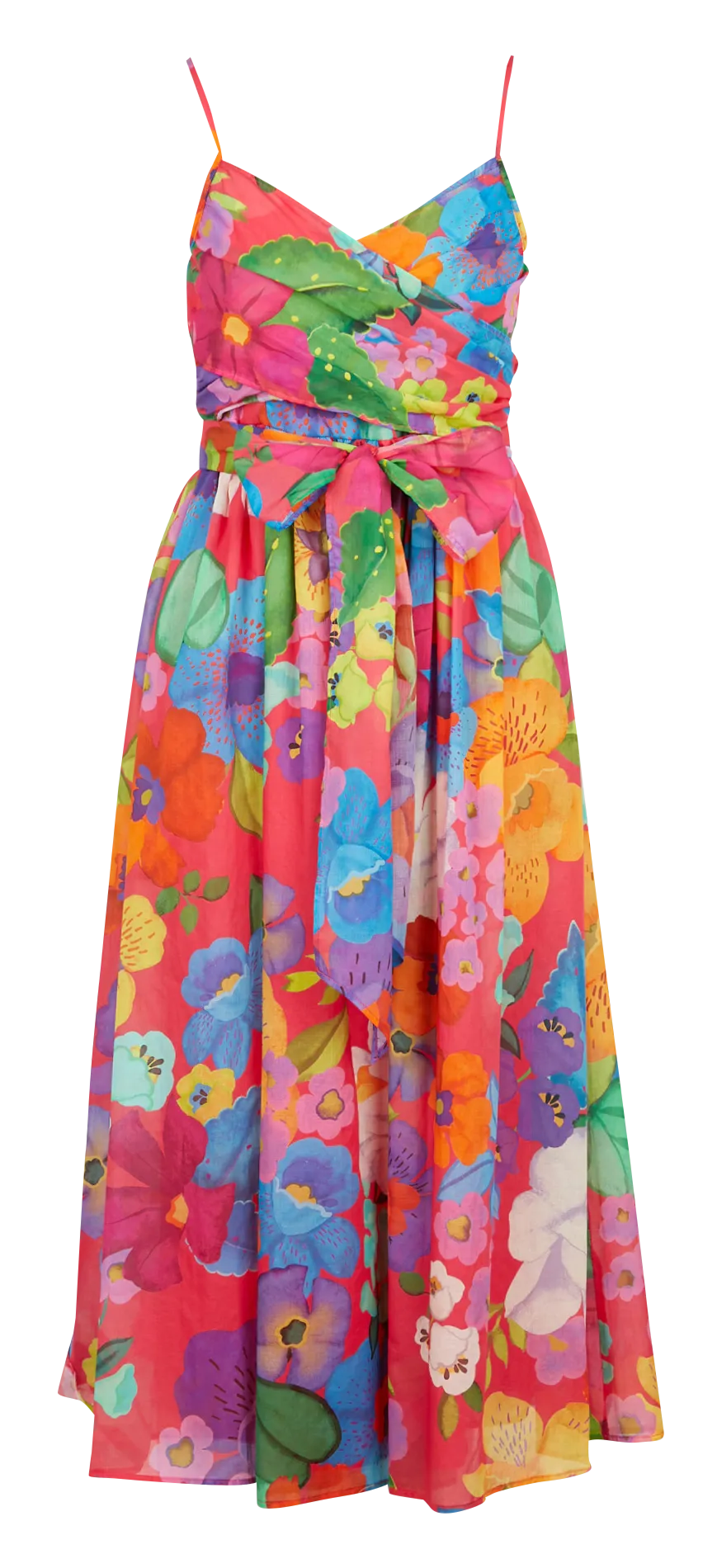 Vestido largo estampado de algodón con cuello de pico en multicolor