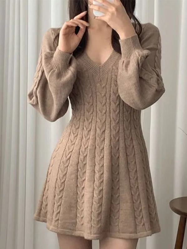 Vestido suéter de manga larga con cuello en V
