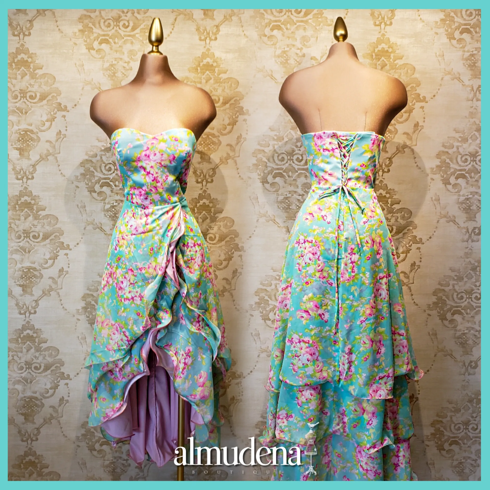 Vestido Verde Menta Largo con Estampado Rosa