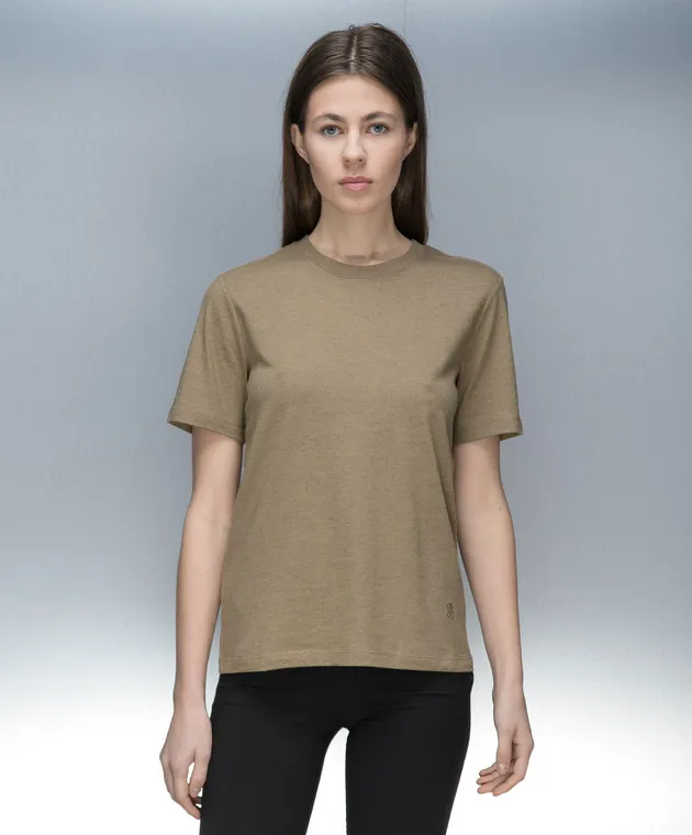 YVES SALOMON ARMY KHAKI TSHIRT WITH MONOGRAM LOGO EMBROIDERY