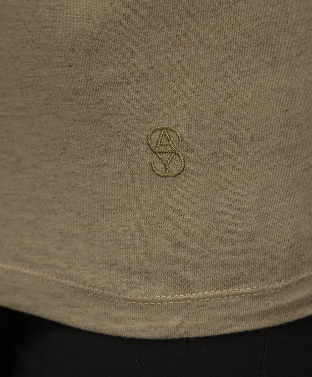 YVES SALOMON ARMY KHAKI TSHIRT WITH MONOGRAM LOGO EMBROIDERY
