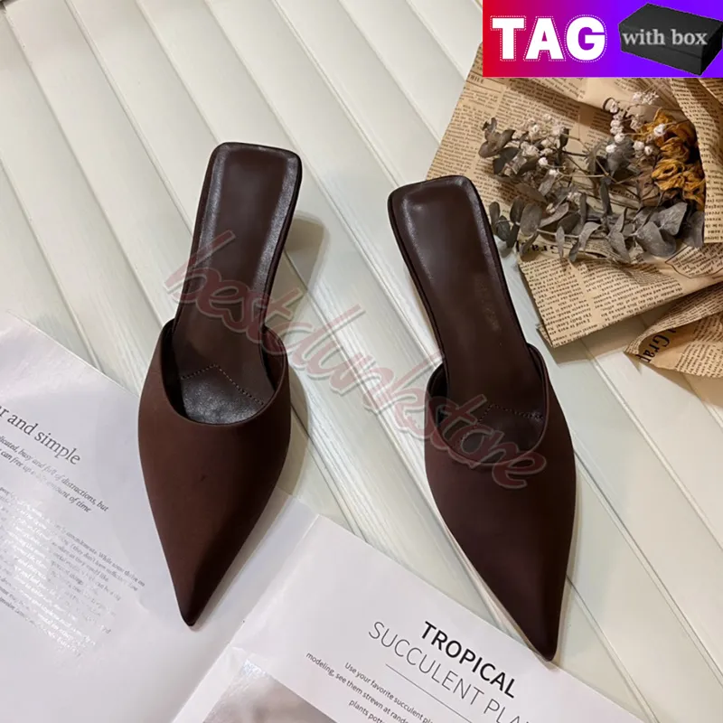 Zapatos de vestir de diseñador para mujeres con caja de mulas de satén de lujo mulas de chocolate negro sandalias de moda de mod