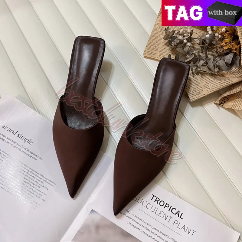 Zapatos de vestir de diseñador para mujeres con caja de mulas de satén de lujo mulas de chocolate negro sandalias de moda de mod